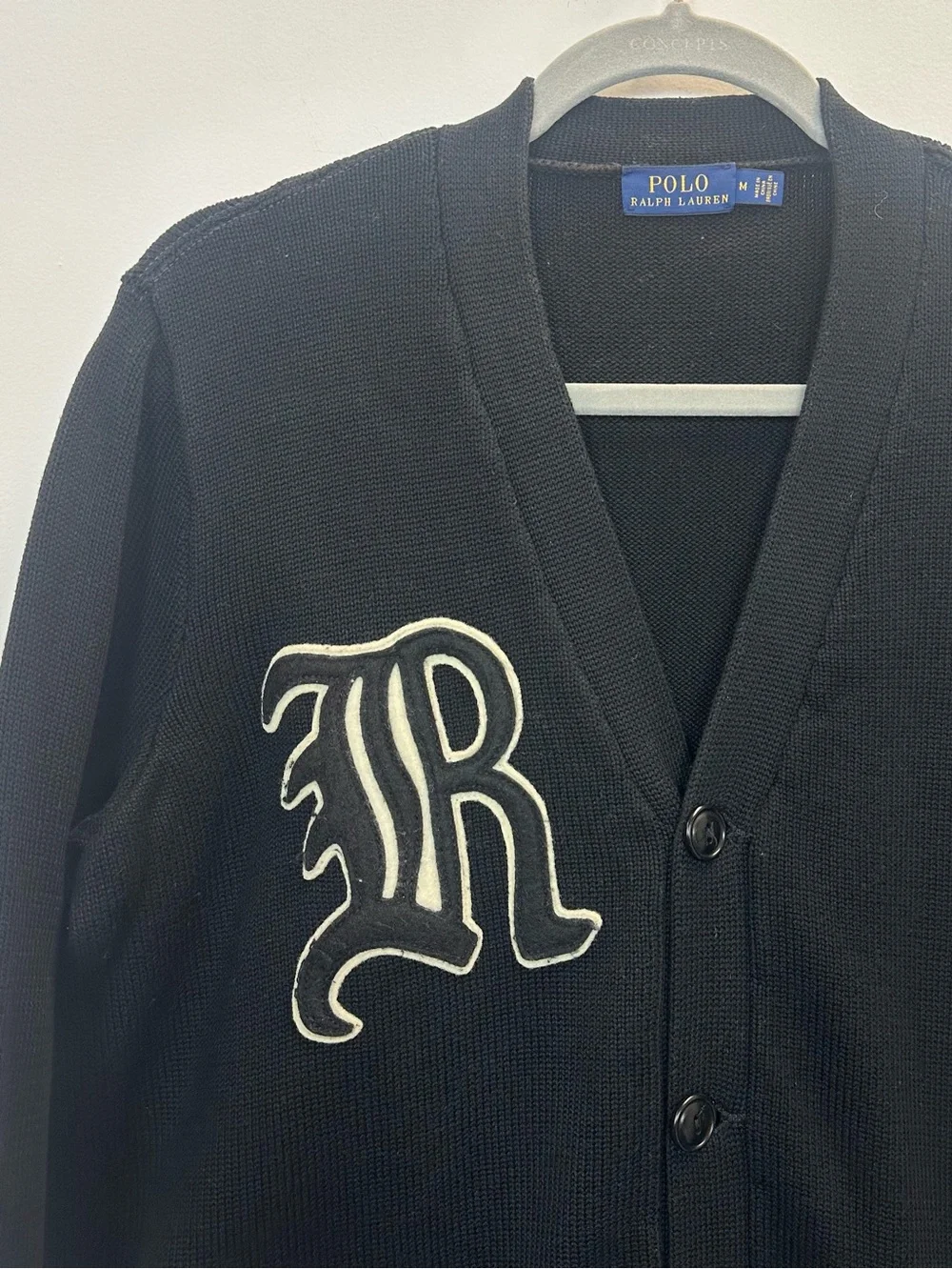 Polo Ralph Lauren Black Varsity-Style Cardigan with White Appliqué